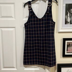 Plaid dress squares buckles on shoulder straps. Large. Polyester. French Kiss.